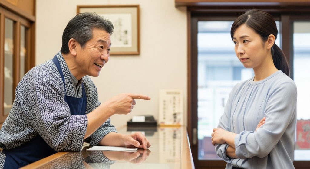 シンプルに場面を説明 店主がお客様に商品を説明しているが、お客様の表情が微妙に腑に落ちていない様子