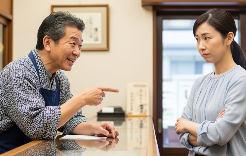 シンプルに場面を説明 店主がお客様に商品を説明しているが、お客様の表情が微妙に腑に落ちていない様子