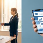 紹介営業とWeb集客の対比イメージ｜握手する2人のビジネスパーソンとスマートフォンの検索画面