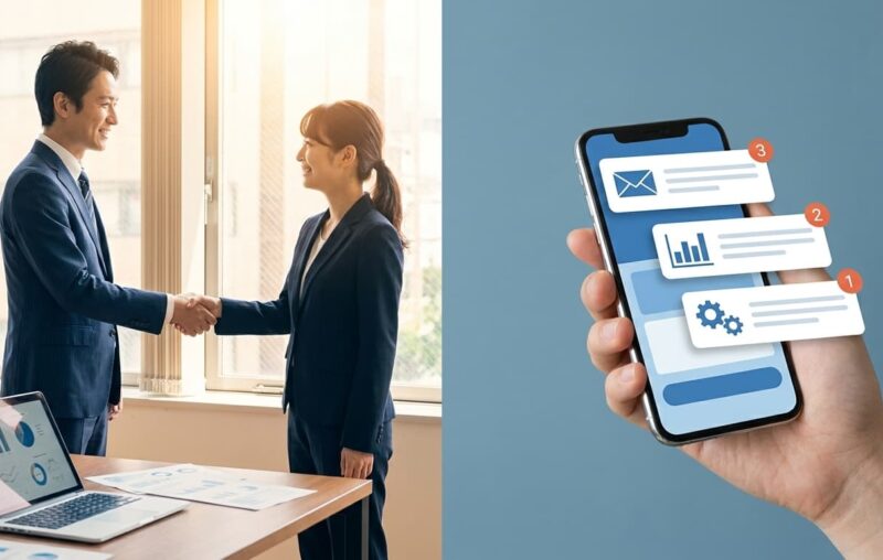 紹介営業とWeb集客の対比イメージ｜握手する2人のビジネスパーソンとスマートフォンの検索画面