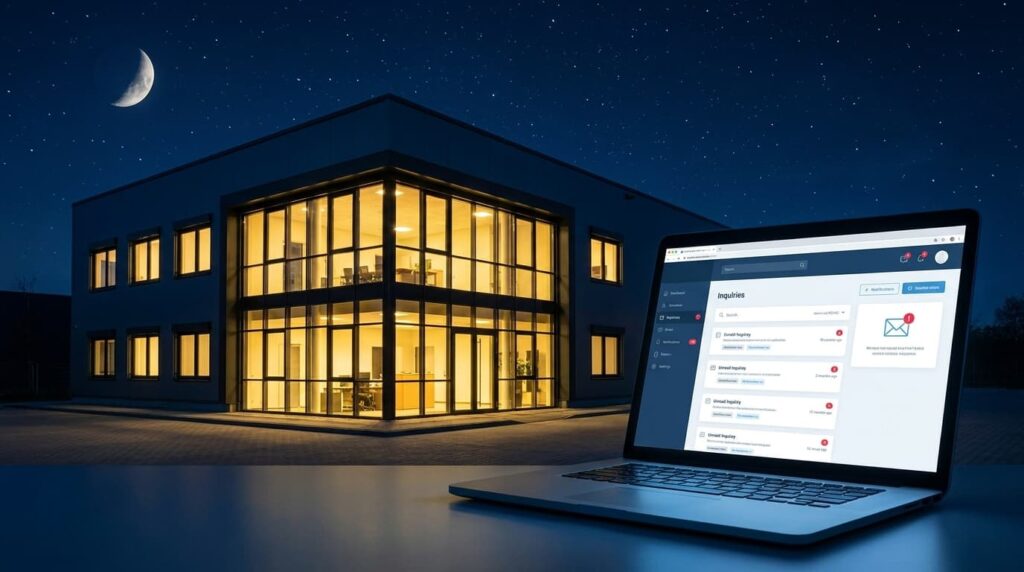 夜間も問い合わせが届くホームページのイメージ｜深夜に明かりが灯るオフィスビルとお問い合わせ通知が表示されたノートパソコン