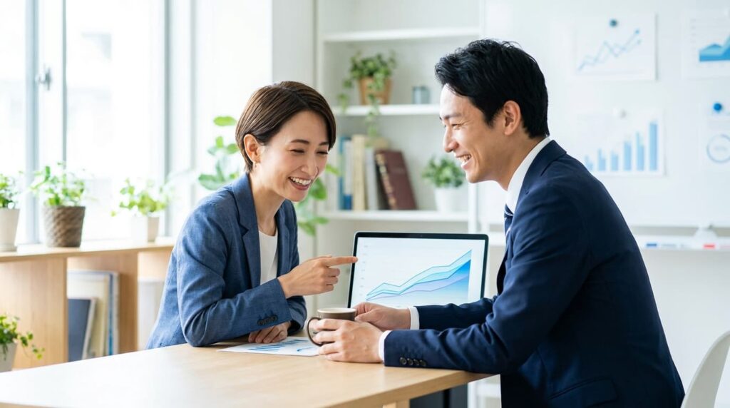 Web集客の改善を伴走するイメージ｜右肩上がりのグラフを前に笑顔で打ち合わせをする2人のビジネスパーソン
